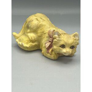 Rare VTG Yellow Cat Figurine Bobble Head With Bow Accent 4.5" Long Hand Painted